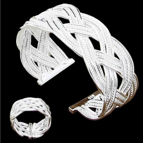 925 STERLING INTEREOVEN BRACELET AND RING SET - Picture 1 of 5